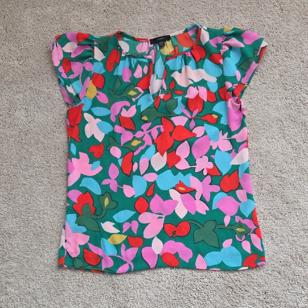 J.Crew Floral Short Sleeve Top — Green, Pink & Yellow